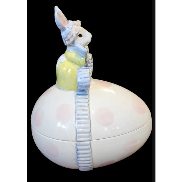 Vtg FITZ & FLOYD EASTER BUNNY RABBIT W/ PINK POLKA DOTS BOWL W/ LID - Picture 8 of 11